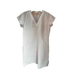 Garnet Hill 100% Linen V-Neck Side Slits 2 Front Pockets Beige Dress Casual 12